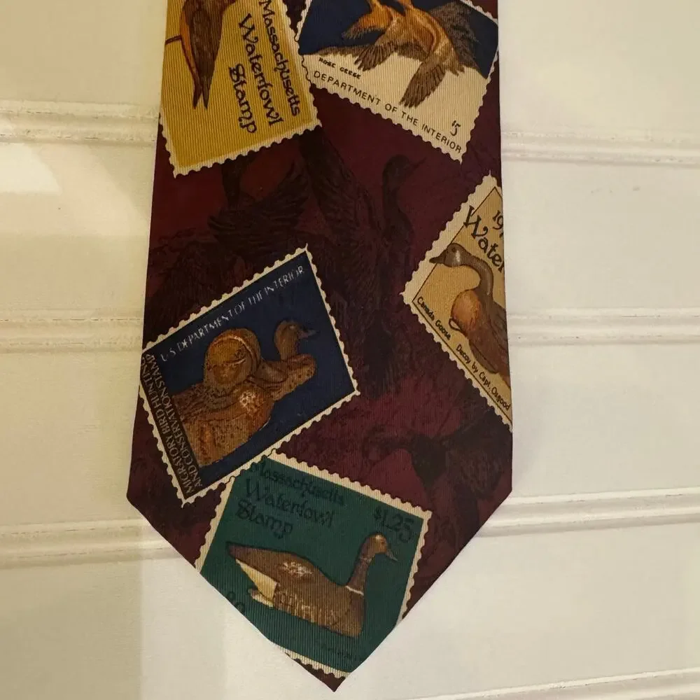 Harken Ltd Men's 60” Silk Tie Red Waterfowl Stamps Ducks Hand Sewn in USA Silk
